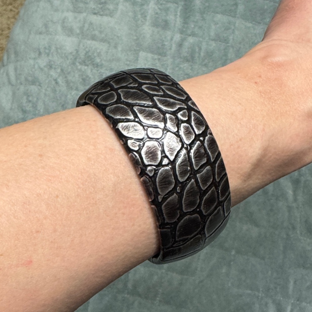 Vintage Plastic Bangle Bracelet, Faux Leather, Silver, Snake Print, Retro, Boho